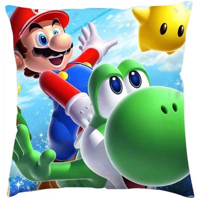 Mario & Yoshi Kopfkissenbezug 45x45cm - Super Mario Kissenhülle mit Reißverschluss