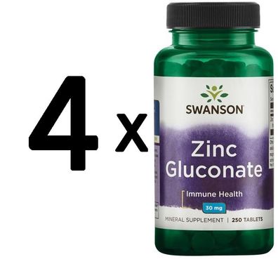 4 x Zinc Gluconate, 30mg - 250 tabs