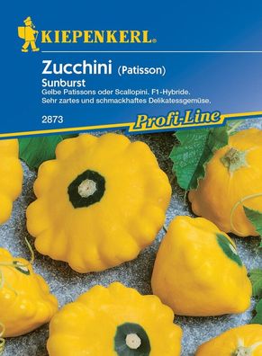 Zucchini Sunburst F1, die gelben Früchte mit dekorativem grünen Fleck sind...