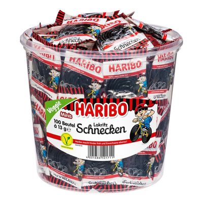 Haribo Lakritz Schnecken, 100 Portionsbeutel à 13 g - 1,3 kg Dose