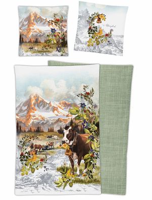Irisette Opal Mako-Satin Bettwäsche 155x220 Alpenglück Kühe Berge Wende 8843-90