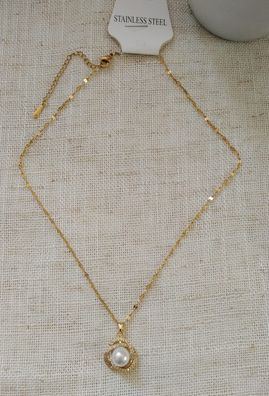 Perlen Kette Damen Frauen Gold Halskette Edelstahl 18k Gold vergoldet Modeschmuck