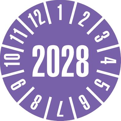Prüfplakette 2028, violett, Dokumentenfolie, Spezialkleber, Ø 35mm, 10 Stk.