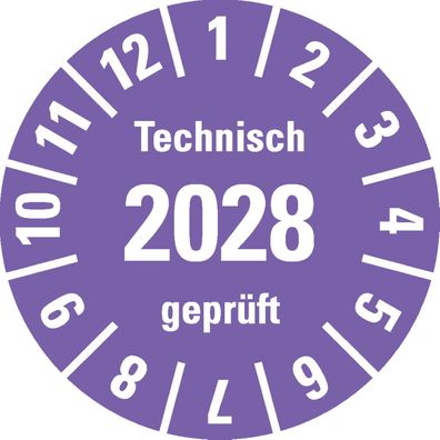 Prüfplak. Technisch geprüft 2028, violett, Dokufolie, selbstkl., Ø 30mm, 18 Stk.