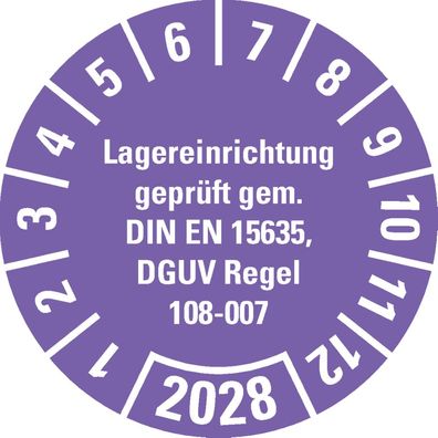 Prüfplak. Lagereinrichtung, DGUV Info208-061, 2028, violett, Folie, Ø30mm, 18/ B