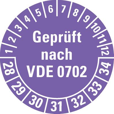 Prüfplakette geprüft n. VDE 0702, 28-34, violett, Folie, Ø30mm, 108/ Heft