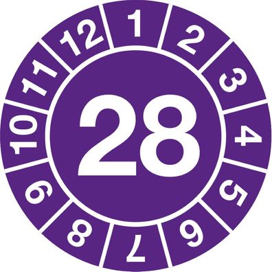 Prüfplakette 28, violett/ weiß, Haftpapier, permanent, Ø 20mm, 1000 Stk.