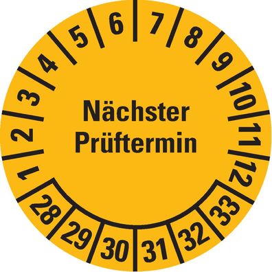 Prüfplakette Nächster Prüftermin 28-33, gelb, Dokumentenfolie, Ø 15mm, 420/ Heft