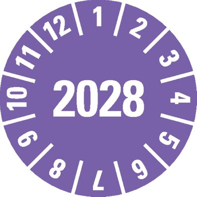 Prüfplakette 2028, violett, Dokumentenfolie, selbstklebend, Ø 15 mm, 420/ Heft