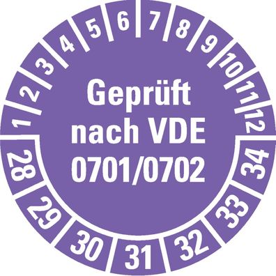 Prüfplakette geprüft nach VDE 0701, 28-34, violett, Folie, Ø30mm, 500 Stk.