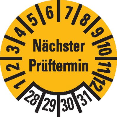 Prüfplakette Nächster Prüftermin, 28-31, gelb, Folie, ablösbar, Ø 10mm, 384/ Heft
