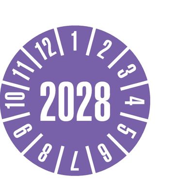 Prüfplakette 2028, violett, ökologische Folie, selbstklebend, Ø 30mm, 500 Stk.