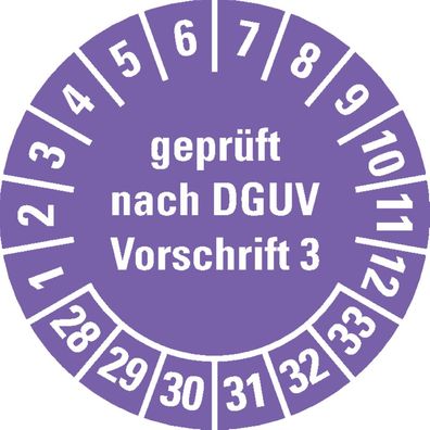 Prüfplak.n gepr. DGUV Vorschr.3, 28-33, violett, Folie, ablösbar, Ø15mm, 420Stk