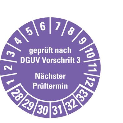 Prüfplak. gepr. DGUV Vorschr. 3, NP, 28-33, violett, ökolog. Folie, Ø30mm 500Stk