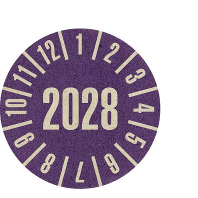 Prüfplakette 2028, violett, Graspapier, selbstklebend, Ø 30mm, 500 Stk.