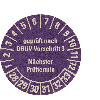 Prüfplakette gepr.n. DGUV Vorschr. 3, NP, 28-33, violett, Papier, Ø30mm, 500 Stk.
