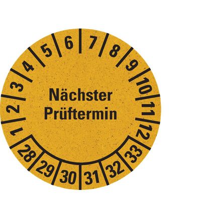 Prüfplakette Nächster Prüftermin 28-33, gelb, Graspapier, Ø 30mm, 500 Stk.