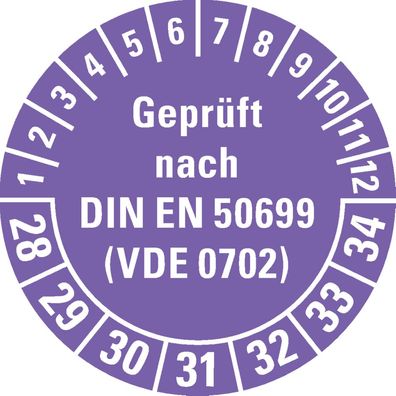 Prüfplak. Gepr.n. DIN EN 50699(VDE0702) 28-34, violett, Folie, Ø30mm, 500Stk.
