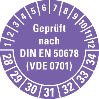 Prüfplakette Gepr.n. DIN EN 50678(VDE 0701) 28-34, violett, Folie, Ø30mm, 500/ Rol