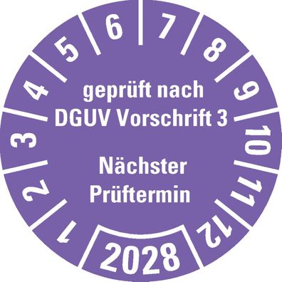 Prüfplakette gepr.n. DGUV Vorschr.3 NP 28, violett, Dokufolie, Ø 25mm, 500 Stk.