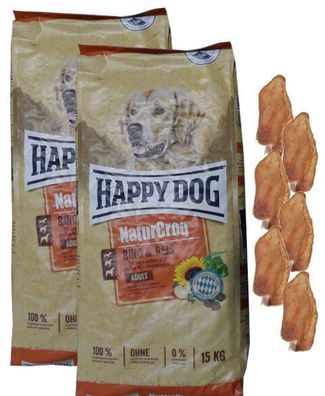 2x15kg Happy Dog Naturcroq Adult Rind & Reis Hundefutter + GRATIS Kaninchenohren