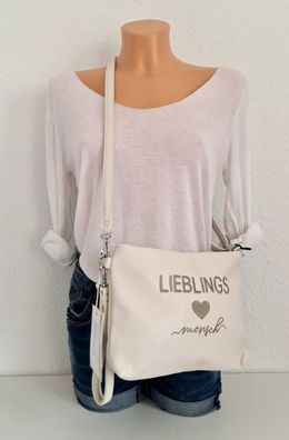 Umhängetasche Cross Body Bag "Lieblingsmensch" Kunstleder einfarbiger Gurt Weiß