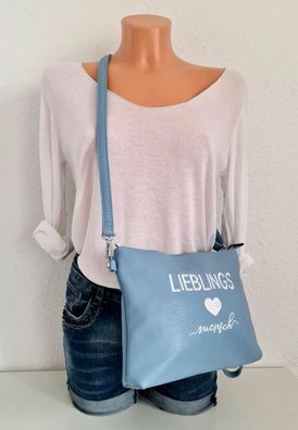 Umhängetasche Cross Body Bag "Lieblingsmensch" Kunstleder einfarbiger Gurt Hellblau