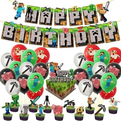 Minecraft Partydeko set Luftballons Tortendeko Geburtstag Girlande Kinder Gaming