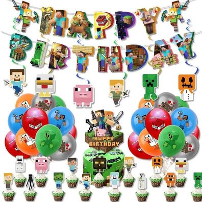 Minecraft Partydeko set Luftballons Tortendeko Girlande Wirbelhänger Geburtstag