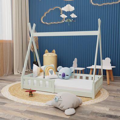 Montessori Kinderbett 140x70cm mint Tipi Spielbett Zeltform Holz bodentief Rausfal...