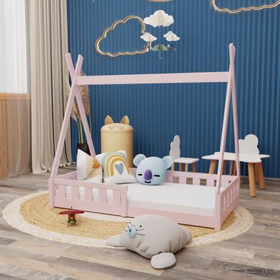 Montessori Kinderbett 140x70cm rosa Tipi Spielbett Zeltform Holz bodentief Rausfal...