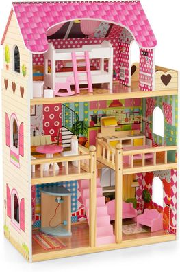 Puppenhaus aus Holz, Puppenstube mit 3 Etagen & 15 Möbel & 6 Zimmern