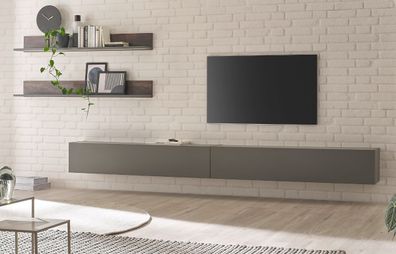 Wohnwand Wohnzimmer Schrankwand Möbel grau Eiche Set mit XXL TV Lowboard Piano