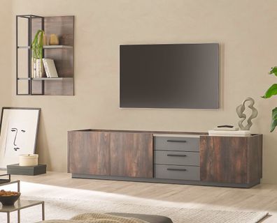 Wohnzimmer Set 2-tlg TV-Lowboard mit Soft-Close und Wandpaneel in Eiche grau Piano