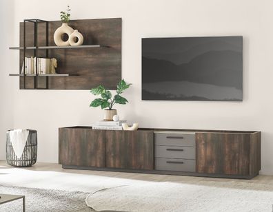 Wohnzimmer Set 2-tlg XXL TV-Lowboard mit Soft-Close und Wandpaneel Eiche grau Piano