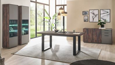 Esszimmer Möbel komplett Set 4-tlg Eiche grau mit 2x Vitrine Esstisch Sideboard Piano