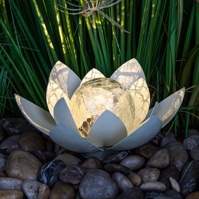 LED Solar Lotus Blüte mit Leucht Kugel - 25cm - Crackle Bruch Glas Garten Deko