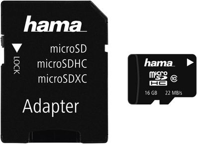hama SanDisk microSDHC 16GB C10 + Adpater Datenspeicher Speicherkarte schwarz
