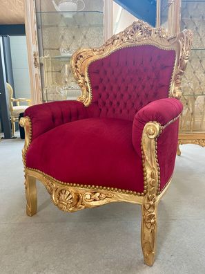 Armchair Velvet Red French Louis in Gold Finish Sofa Chair Italian Baroque