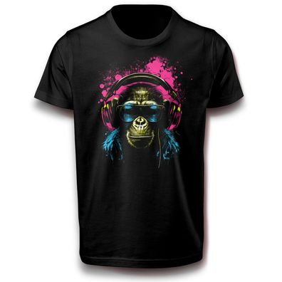 Cooler Affe mit Dj Kopfhörer Funk Soul Bluetooth Musik T-Shirt schwarz 152 - 3XL Fun