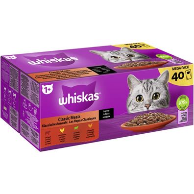 Whiskas Multipack Mega Pack 1+ Klassische Auswahl in Sauce 40 x 85g (10,56€/ kg)