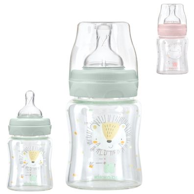 Kikkaboo Baby Glasflasche 120 ml, Weithalsöffnung, Silikonsauger Größe S, Deckel