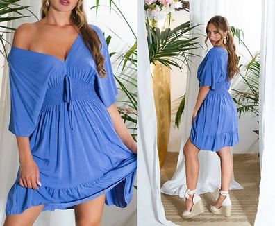 SeXy Miss Damen Girly Mini V Kleid Volant Dress Kurzarm L/ XL 38/40 Blau Top