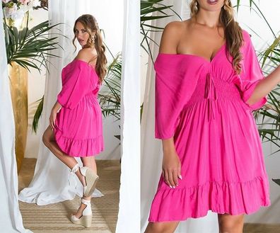SeXy Miss Damen Girly Mini V Kleid Volant Dress Kurzarm L/ XL 38/40 Pink Top