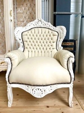 Armchair Retro French Baroque Style in White Leather Like Sofa Chair in Handmade