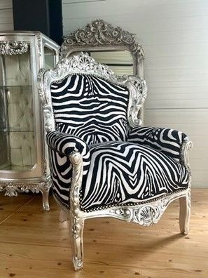 Armchair French Louis Baroque Style in Zebra Print Handmade Sofa Chair