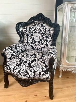 Armchair French Louis Baroque Style in Black Flower Print Handmade Sofa Chair
