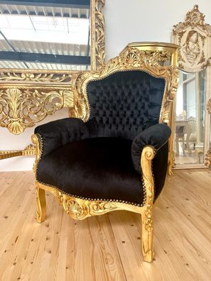 Armchair French Louis Style Velvet Black in Gold Finish Handmade Sofa Chair