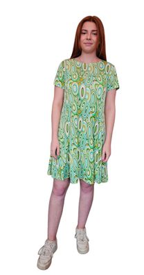 Damen Sommerkleid Viskosekleid kurzarm leichte A-Linie Grün Bunt Gr. M/ L