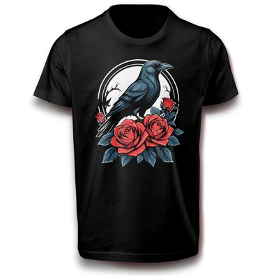 Krähe Vogel mit Rosen Rose Blume Rabe Mystisch Mystik T-Shirt schwarz 110 - 3XL